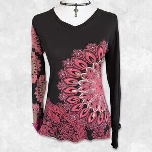 Y2K Desigual Pink and Black Graphic Sequin Top Size L